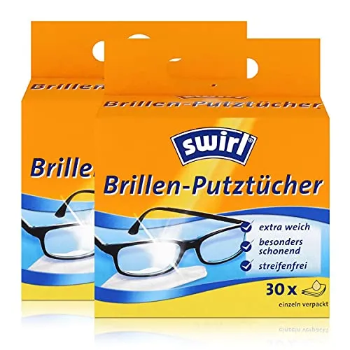 Swirl Brillen-Putztücher 30 einzeln verpackte Tücher in Spenderbox - Anti-Beschlag-Effekt - Extra weich und schonend - Fettlösend - Streifenfrei (2er Pack)