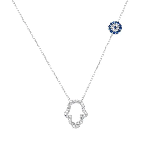 MYSTIC JEWELS Halskette aus 925er-Sterlingsilber, Cubic Zirkonia der Hamsa (Fatima) und türkischem Auge, böser Blick, Schutz, 40 + 5 cm, Sterling Silber, Zirkonia