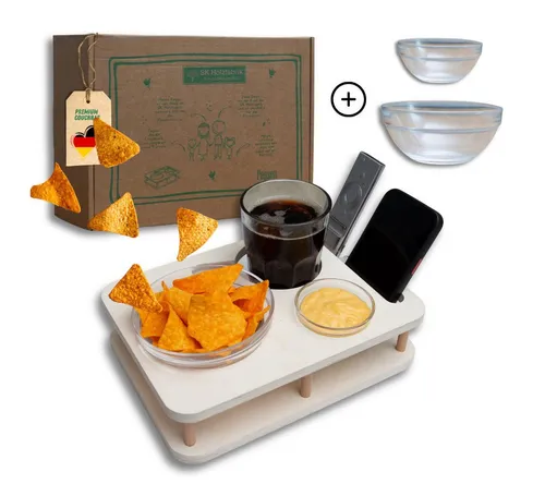 PEGSEN Servierplatte Couchbar Snackbar YOLO mit 2 Glasschalen, Getränke und Snacks stehen stabil und sicher