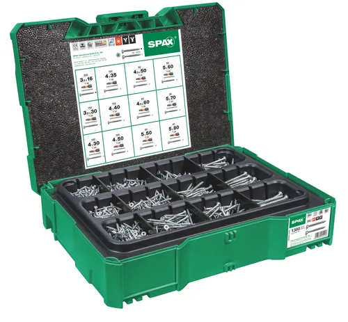 Spax Schraubenset systainer T-Loc I, 1380-teilig - Holzschrauben Set mit 1380 Schrauben in 12 Größen und 5 Bits T-Star. Praktische L-Boxx für einfache Aufbewahrung und Transport, ideal für Profi- und DIY-Projekte.