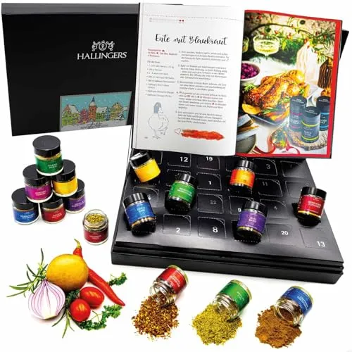 Hallingers Genuss Manufaktur Gewürz Adventskalender – 24 Gewürze & Kochbuch & Gewürzmischungen aus aller Welt, Kochen Grillen Würzen Set, Geschenkidee für Männer Frauen, Premium Weihnachtskalender