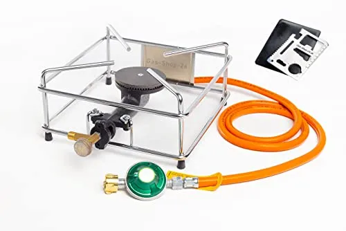 Hockerkocher - Gaskocher 2,5 KW mit Zubehör - Küche, Haushalt & Wohnen – Vielseitiger Gaskocher aus Gusseisen, ideal für Camping und Angeln, inklusive Gasschlauch, Druckminderer und Multitool für alle Outdoor-Abenteuer.