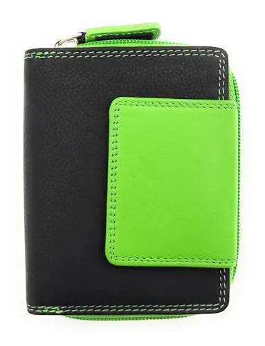 Lemasi echt Leder Damen Geldbörse Portemonnaie mit RFID Schutz, Bicolor, Reißverschlussmünzfach (Schwarz Grün)