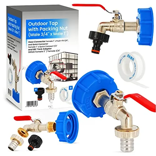 Wasserhahn Auslaufhahn IBC Container Tank Verbinder Adapter Deckel 2 x 3/4 Zapfhahn Kugelhahn Schlauchanschluss Hahnverbinder Messing Auslaufventil Regentonne Regenwassertank