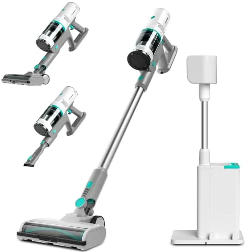 HAUSHOF Akku Staubsauger mit Absaugstation, Kabelloser Staubsauger 3-in-1 | 24kPa Saugleistung, 2,1L Selbstleerender Beutel, Nachtmodus & Duftfunktion, V-förmige Bürste, LED-Licht, Ideal für Teppiche
