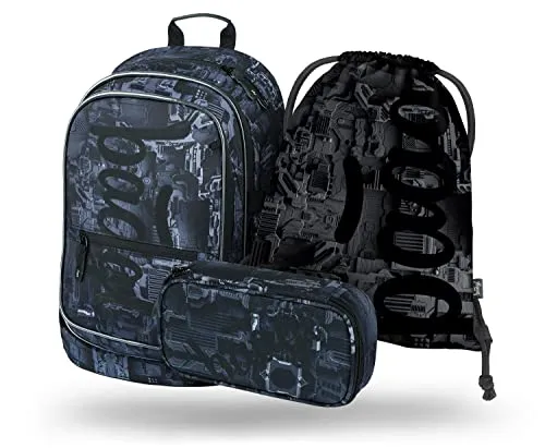 Baagl Schulrucksack Set Jungen 3 Teilig, Schultasche für Grundschule Volksschule, Grundschule Ranzen mit Brustgurt, Ergonomischer Schulranzen (Technic)