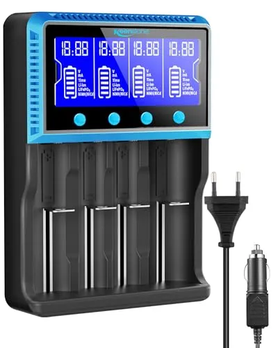 Universal Akku Ladegerät, 18650 Akku Ladegerätmit 4 Schacht, LCD Smart Schnell Aufladen Batterieladegerät für NI-MH NI-CD AA AAA Li-Ion LiFePO4 IMR 10440 14500 16340 18650 RCR123 26650
