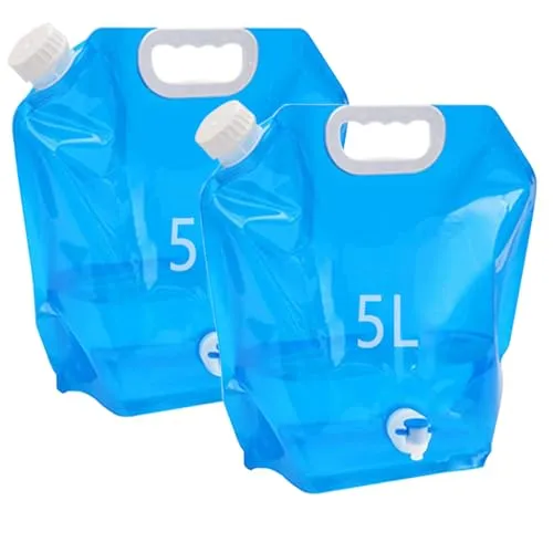 Kamiya 5L Faltbarer Wasserkanister mit Dichtem Deckel,Flexibler Wasserkanister,5 Liter Faltbarer Wasserkanister Bpa-Frei für Outdoor Camping (2 x 5L mit Ventil)