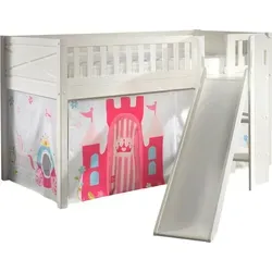 Kinderbett Karyl mit Rutsche und Textilset Princess - Halbhohes Spielbett aus Massivholz in Weiß mit Rutsche und Textilset im Princess-Design. Ideal für kreative Träume und sicheres Spielen. Einfache Selbstmontage dank beiliegender Anleitung.