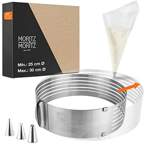 Moritz & Moritz Tortenring mit Schneidehilfe Ø 25cm bis 30cm Edelstahl Tortenring Verstellbar - Backring verstellbar mit Backzubehör - Mit 10 Spritzbeuteln und 3 Aufsätzen
