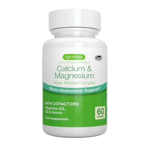 Calcium Magnesium Komplex mit Vitamin D3, K2 und Bor als Co-Faktoren, hochdosiert, Algen Mineral Komplex, vegan, 60 Tabletten, von Igennus
