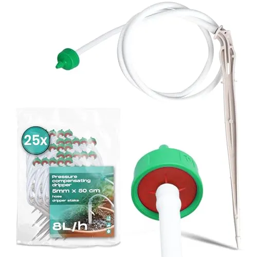 Instalguru 25x Tropfer Emitter 8 l/h Bewässerungstropfer mit Schlauch Druckkompensation Druckausgleichende Wassersparend Pfeil-Tropfer Bewässerungsset Micro-Drip-System