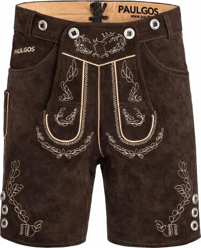 PAULGOS Herren Trachten Lederhose Kurz HK1 - Echtes Rindsveloursleder - Größe 44-60 - Die PAULGOS Trachtenlederhose HK1 ist dein stilvolles Must-Have. Handgefertigt aus echtem Rindsveloursleder und mit edler Stickerei, vereint sie Tradition und Komfort. Ideal für Feste oder lässige Anlässe.