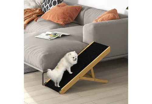 PawHut Hunderampe 83,8 cm große Haustierrampe aus Holz für Bett und Couch (faltbare Hunderampe mit 4-stufiger Höhenverstellung für kleine und mittelgroße Hunde, 1-St., Naturholz), 83,5cm x 35cm x 47,5cm