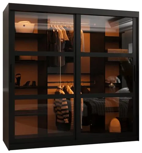 MEBLE KRYSPOL DOME Zweitüriger Schrank mit Spiegel - 200x180x62cm, Schwarz - Moderner Schiebetürenschrank mit elegantem Design und geräuscharmen Schiebetüren, bietet optimalen Stauraum für Kleidung und Accessoires.