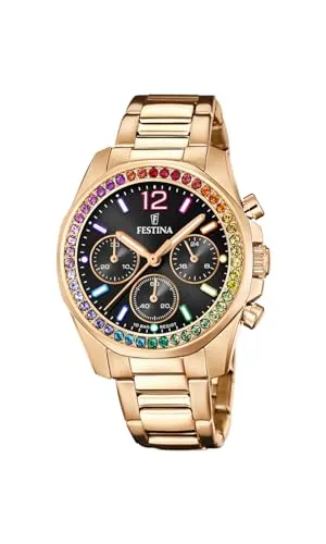 Festina Quarz Damen Boyfriend F20639/3 - Eleganz in Schwarz und Roségold - Chronographen mit stilvollem schwarzfarbigen Zifferblatt und hochwertigem Roségold-Armband aus Edelstahl für einen eleganten Look.