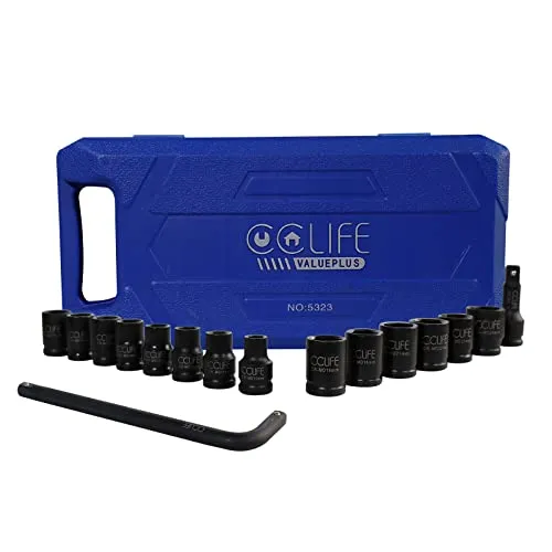 CCLIFE 16tlg 1/2' Schlagschrauber Nüsse Set, 10-24mm Cr-Mo Sechskant Kraft Nuss Steckschlüssel Schlagnuss