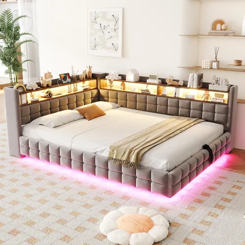 MODFU Polsterbett Schlafsofa 140 × 200 mit LED-Beleuchtung und Stauraum