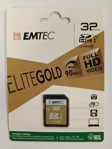 Emtec 32GB Class10 Gold + Speicherkarte SDHC Klasse 10 - Speicherkarten (32 GB, SDHC, Klasse 10, 90 MB/s, Schwarz, Braun)