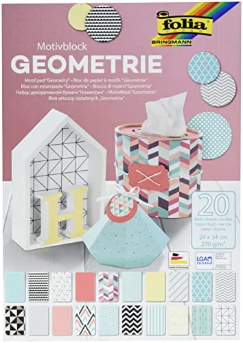 folia 48449 - Motivblock Geometrie, 270 g/qm, ca. 24 x 34 cm, 20 Blatt sortiert in 20 verschiedenen Motiven - zum Basteln und kreativen Gestalten von Karten, Fensterbildern und für Scrapbooking