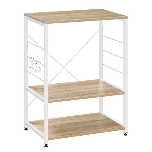 WOLTU Küchenregal, Standregal Mikrowellenhalter, Bäcker Regal Metallregal aus Holz und Stahl, mit 3 Ablagen, ca. 60 x 82 x 40 cm, Weiß + Hell Eiche