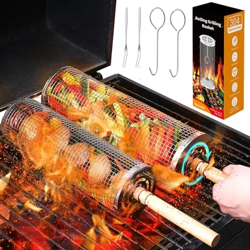 XUNIVERS Rollender Grillkorb Set mit Holzgriff (2 Stück)