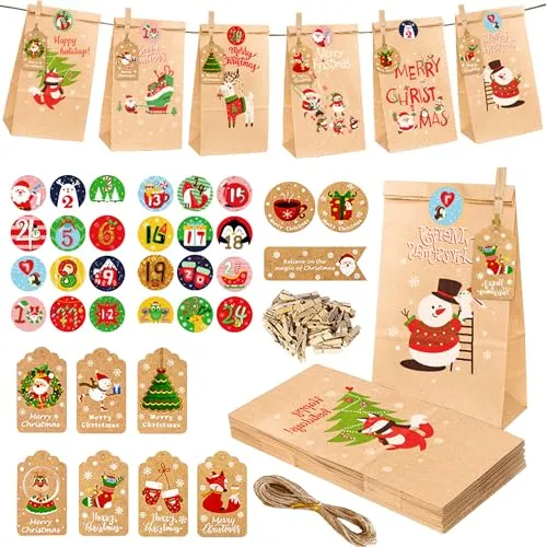 YOOSI Adventskalender zum befüllen, 24 DIY Weihnachtskalender zum Basteln, Befüllen mit Aufkleber und Holzklemme, Geschenktüten Adventskalender für Weihnachtsfeier