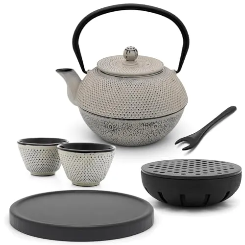 Bredemeijer Asia Teekanne Gusseisen Set 1.1 Liter - grauer Teekessel & Edelstahl-Filter für losen Tee & 2 Teebecher & Holz-Untersetzer & Teewärmer & Deckelheber