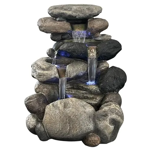 Köhko Springbrunnen Kieselstein Gartenbrunnen mit LED-Beleuchtung - Naturstein-Optik Springbrunnen für Garten und Balkon, inklusive 4x LED-Beleuchtung für entspannende Atmosphäre. Komplettset mit Wasserpumpe und einfachem Reinigungssystem.