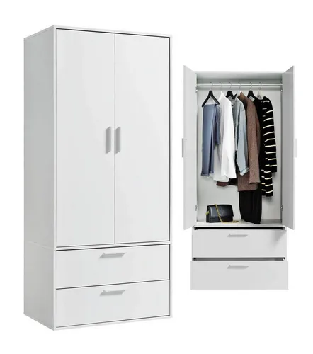 mokebo Kleiderschrank klein in Weiß 2-türig 'Der Kleiderheld' - Kleiderschränke: Platzsparender 2-türiger Schrank mit Schubladen, ideal für kleine Räume, made in Germany, schnell aufzubauen und erweiterbar für mehr Stauraum.