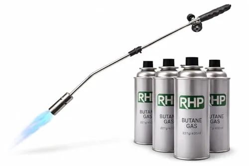Unkrautbrenner RHP Unkrautvernichter 80cm, inkl 4 Butangaskartuschen je 227g, Gasbrenner mit Piezozündung, Abflammgerät max 1000 °C, Brenner Flamme regulierbar, Grillanzünder