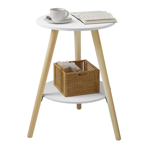 EUGAD Beistelltisch rund, Couchtisch mit 2 Ablagen, Wohnzimmertisch, Nachttisch weiß modern, Kleiner Tisch mit Stauraum, Sofatisch, aus MDF Holz, für Wohnzimmer Schlafzimmer, 38x55x38 cm