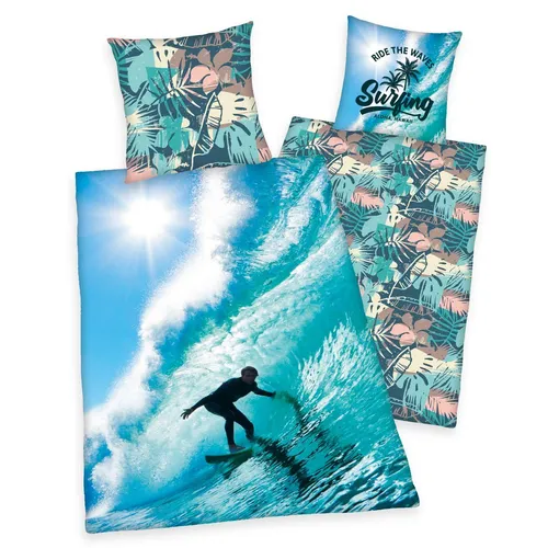 Herding Bettwäsche Surfer 135x200cm - Bettwäsche im coolen Surfer-Design, 2-teilig aus Renforcé, 100% Baumwolle, pflegeleicht und OEKO-TEX zertifiziert - ideal für kleine Abenteurer!
