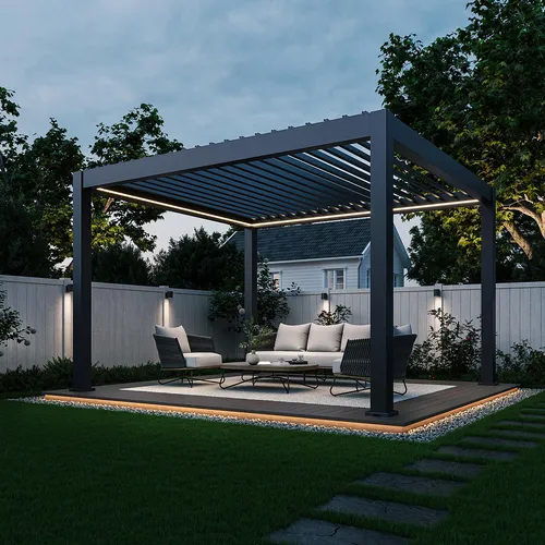 Weide Prestige Pergola | Aluminium Lamellendach 3,6 x 4 M mit LED - Moderne Pergola aus verstärktem Aluminium mit elektrischem Lamellendach und LED-Beleuchtung für individuellen Komfort und Schutz vor UV-Strahlung. Ideal für Gartenpartys oder entspannte Abende.
