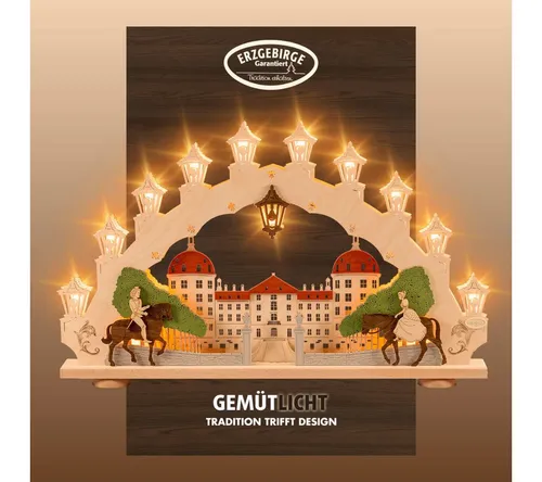 weigla Schwibbogen Moritzburg - LED Weihnachtsdeko - Weihnachtlicher Zierschmuck, hochwertiger Holzschwibbogen mit 15 Lampen und Ersatzlampe für eine festliche Fensterbeleuchtung, hergestellt in Deutschland.