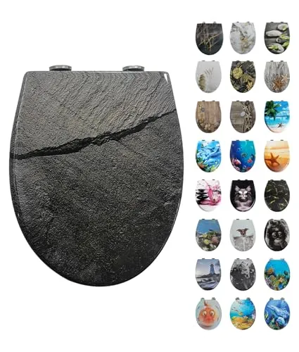 Toilettendeckel mit Absenkautomatik, WC Sitz mit Absenkautomatik Oval Form klodeckel Einfache Reinigung, Abnehmbarer WC-Sitz, 150kg belastbar, einfache Montage – Motiv: Schwarzer Felsen