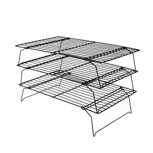 feyiubmen 3 stück Abkühlgitter, 40×25×6.6cm Kuchengitter Abkühlgitter Edelstahl，schwarz，Kuchengitter zum Backen, Faltbares und stapelbares Kuchengitter Abkühlgitter aus Drahtrost (3)