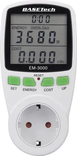 Basetech EM-3000 Energiekosten-Messgerät - Energiekosten-Messgerät zur einfachen Analyse des Stromverbrauchs, inklusive CO2-Emissionen und Kosten. Kompakt und benutzerfreundlich, ideal für den täglichen Einsatz.