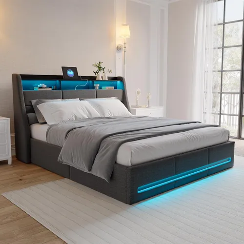 Polsterbett Schwarz 160x200 cm mit USB-Ladefunktion und LED-Beleuchtung