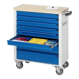 Rau Werkzeugwagen mit 8 Schubladen aus Buche 700x350x860mm - Robuster Werkzeugwagen mit 8 Schubladen und massiver Buche-Arbeitsplatte. Ideal für Werkstätten, langlebig und belastbar bis 450 kg. Lieferung komplett montiert.