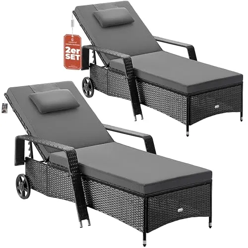 Casaria Gartenliege Set, 2x Sonnenliege mit 7cm Auflage und Rollen - Genieße höchsten Liegekomfort mit dem 2er Set Sonnenliegen von CASARIA®. Die verstellbare Rückenlehne und die wasserabweisenden Polster machen sie ideal für Garten und Terrasse. Einfach transportierbar dank leichtgängiger Rollen.