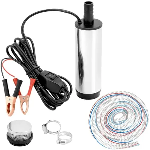 QWORK® 12V Wasserpumpe 51MM, Dieselpumpe mit Clip, Edelstahl, 3 Meter Netzkabel + 4M Schlauch, für Diesel, Kerosin, Wasser