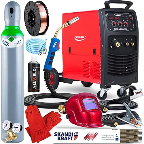 WELDMAN MEGA MIG 330-330 A Schutzgasschweißgerät 400V 16,5-27,5V - MIG, MMA, FLUX - Induktivität, Lötschweißen - 2T/4T, Fahrgestell, 4x4-Zuführung - IGBT, Set: ProfessionalPlus