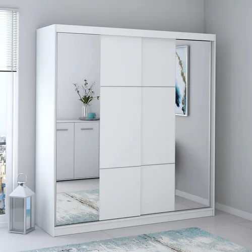 imoebel24 Schwebetürenschrank Multi 38 - Moderner Kleiderschrank mit 10 Fächern und zwei Spiegeln, bietet viel Stauraum und eine elegante Optik für Ihr Schlafzimmer.