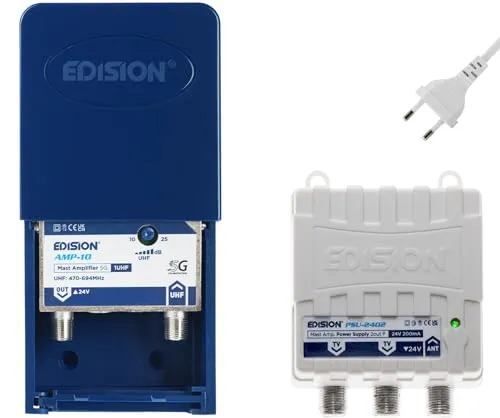 EDISION MAK-100 Kit: Mastverstärker 1UHF, 10-25db, 107dBmV, 24V, für Digitale Terrestrische DVB-T/T2 Antennnen geeignet, 5G LTE Filter + Netzteil 24V 200mA F 2 Ausgänge