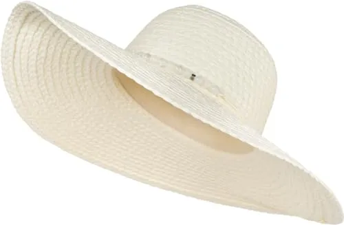 styleBREAKER Damen Strohhut Papierstroh mit Hutband aus Perlen, breite ausgefranste Krempe, Sonnenhut, Schlapphut 04025043, Farbe:Creme