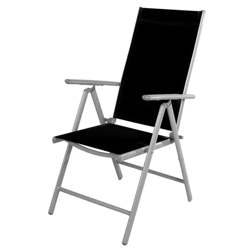 Hochlehner Klappstuhl aus Aluminium und Textilen - Stilvoller Gartenstuhl in Silber/Schwarz, 7 verstellbare Positionen für optimalen Komfort und platzsparend klappbar.