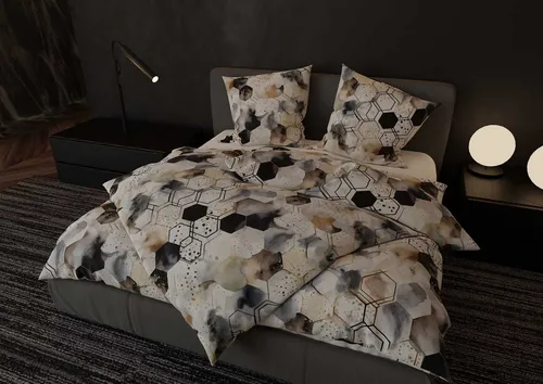 BETTWAESCHE-MIT-STIL Bettwäsche Mako Satin Bettwäsche Hexagon schwarz / braun, Mako-Satin