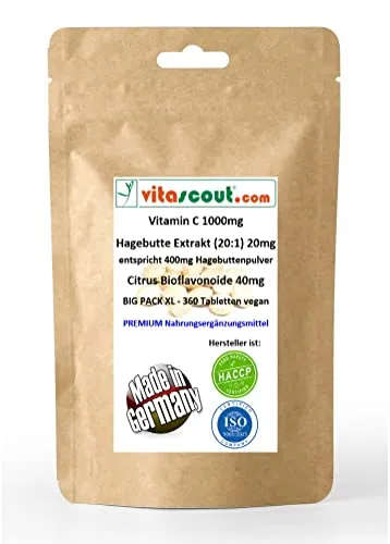 Vitamin C 1000 mg - 360 Tabletten + Citrus Bioflavonoide 40 mg + Hagebutten-Extrakt 20 mg, vegan, ohne Magnesiumsalze der Speisefettsäuren (Magnesiumstearat)
