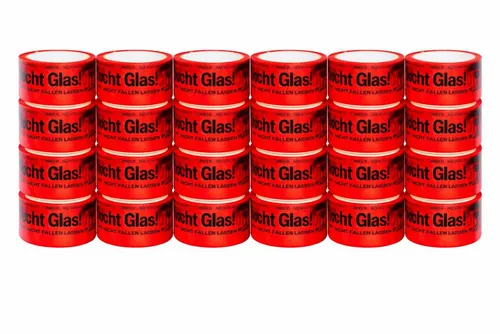 BAYLI Klebeband 24 Rollen PP Klebeband Vorsicht Glas 48mm x 66m - 24 Rollen starkes PP-Klebeband mit rotem „Vorsicht Glas“-Aufdruck, ideal für den sicheren Versand zerbrechlicher Waren. Hohe Klebkraft und Temperaturbeständigkeit sorgen für zuverlässigen Halt.